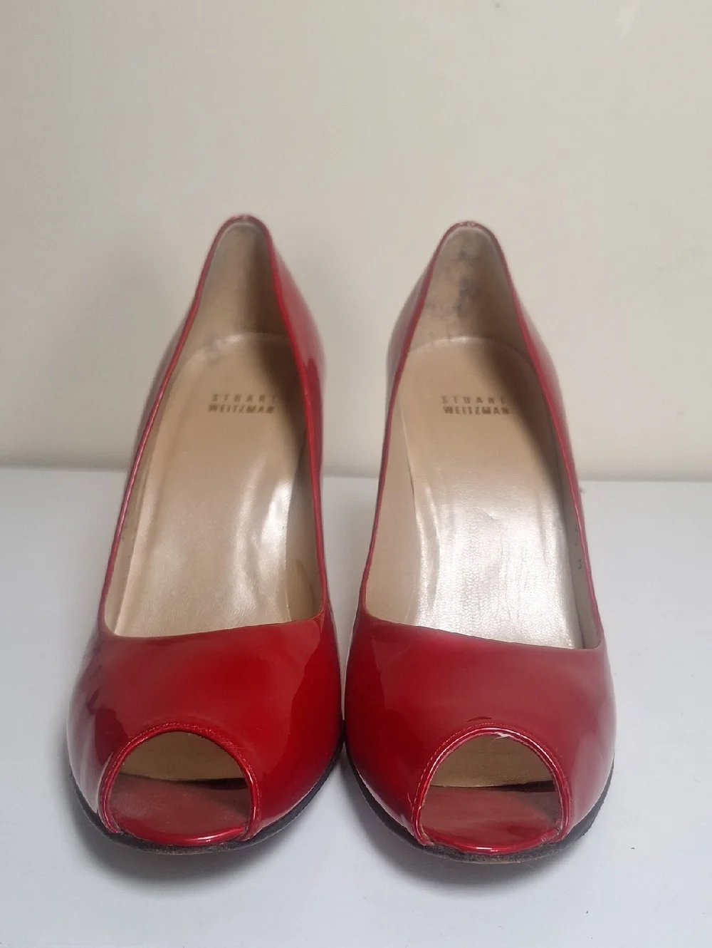 Stuart Weirzman Peep Toe Red Patent Block Heels Size 9.5 - Picture 3 of 11
